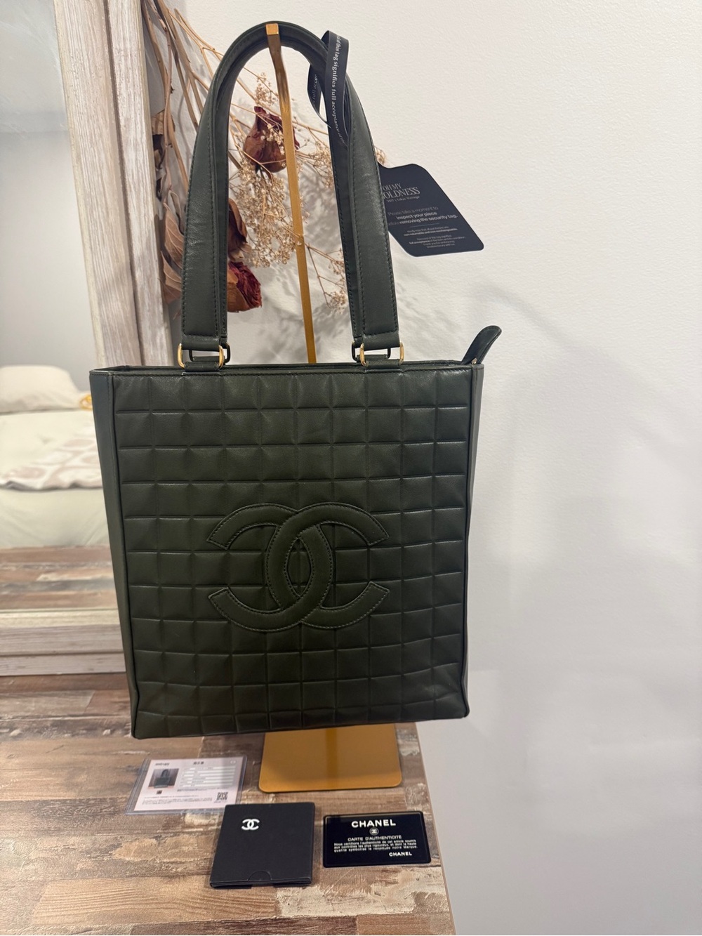 Chanel Chocolate Bar Tote Bag Army Green Leather | Entrupy Authenticated